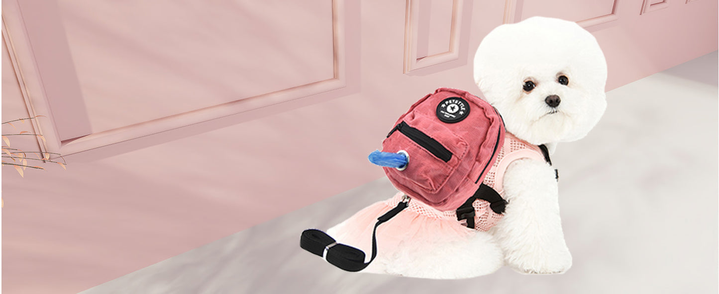 FLAdorepet Dog Backpack Harness with Leash, Dog Poop Bag Dispenser, Pet Self Carrier Adjustable Travel Hiking Walking Harness Backpack for Small Medium Dogs (L(Fit:10-15lb), Pink)