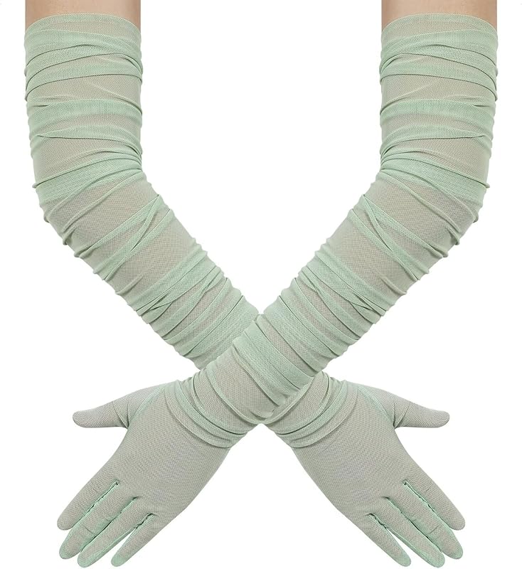Hazhlko Women's Super Long Stretchy Ruched Mesh Tulle Sheer Gloves Costume Opera Party 1920's Dance Gloves