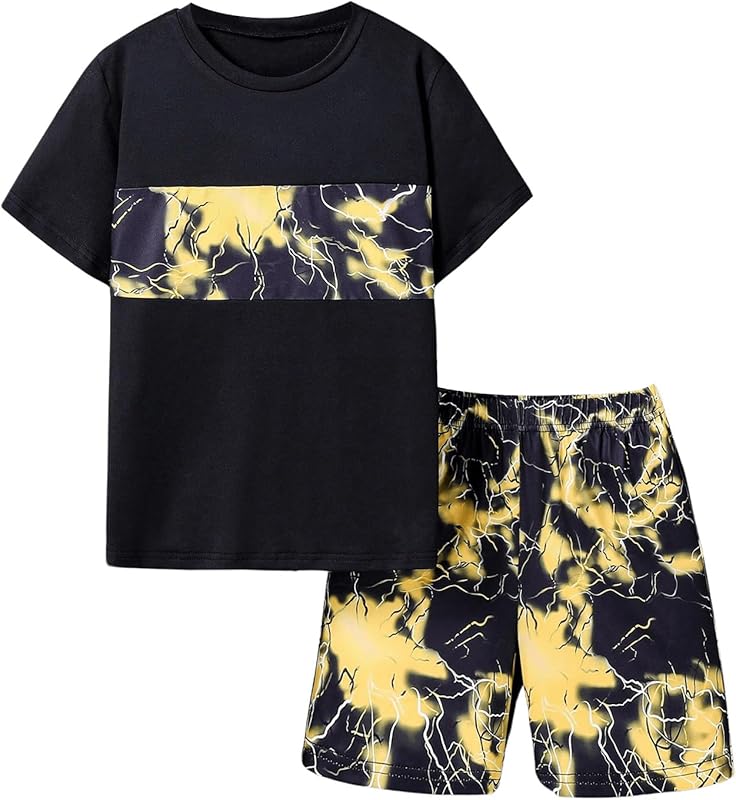 GORGLITTER Boy's Summer Outfits Letter Print Short Sleeve T Shirts Elastic Waist Track Shorts 2 Piece Clothing Set
