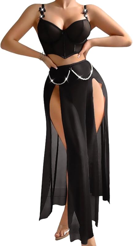 Kaei&Shi High Slit Sexy Lingerie For Women,Sheer Mesh Corset & Pearl Skirt Set,3 Piece Boudoir Outfits Exotic Dancewear
