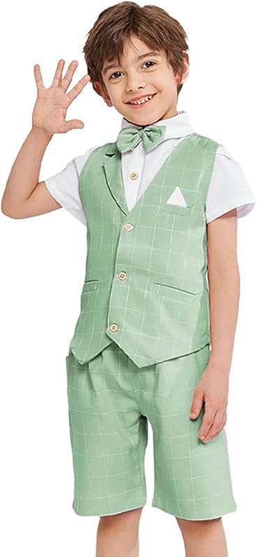 Summer Boys Suit Dress Clothes Kids Wedding Ring Bearer Outfit 4Pcs Shirt Vest Shorts Set