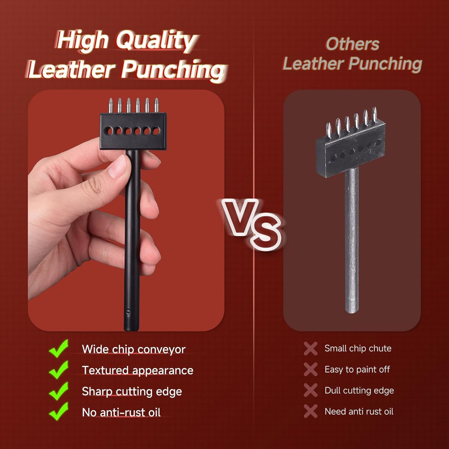 3Pcs Prong Punch Tool Set for Leather Crafts, 2/4/6 Prong Round Hole Tooth Punches, Ideal for DIY Diamond Lacing & Stitching, with 6MM Row Hole Punch - Essential Leather Craft Kit