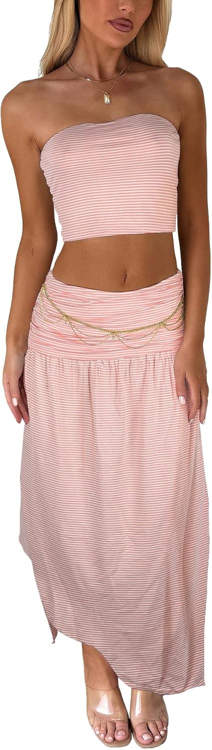 Two Piece Skirt Set for Women - 2 PC Summer Beach Vacation Outfits Going Out Strapless Tube Crop Tops Boho Maxi Skirts Sets
