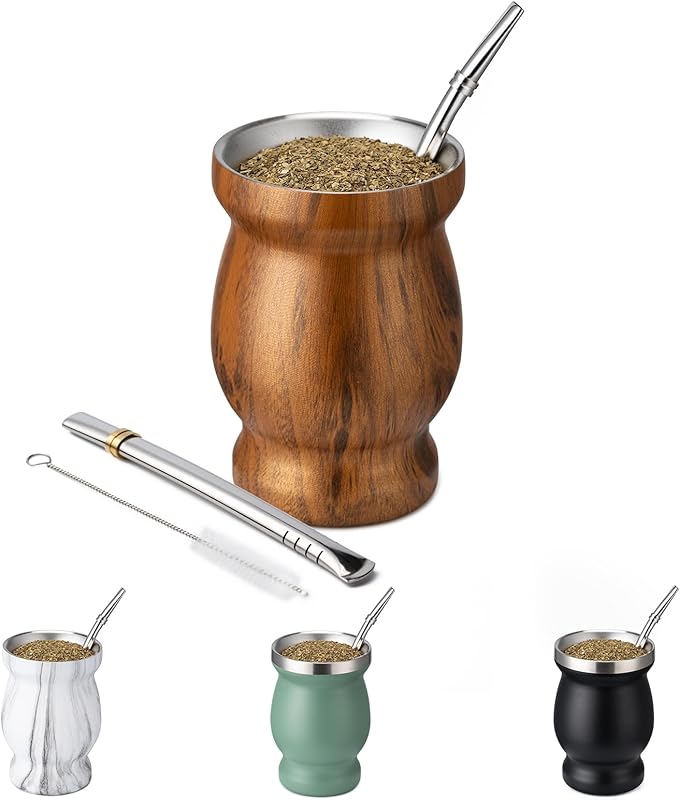 8oz Yerba Mate Cup, 304 Stainless Steel Double-Wall Mate Cup, Heat Insulation Yerba Mate Gourd, Tea Cup Set Includes Cleaning Brush & 2 Bombillas (Black)
