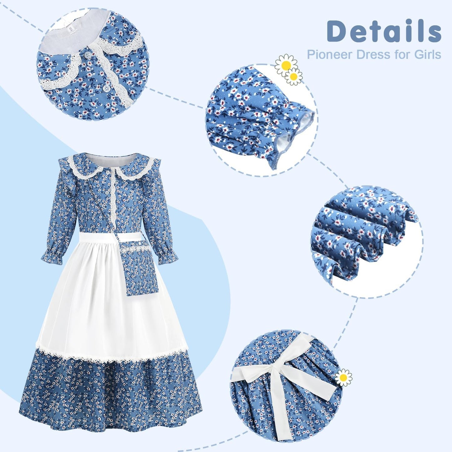 Girls Pioneer Costume Floral Colonial Prairie Dress for Little Kids with Apron and Bonnet