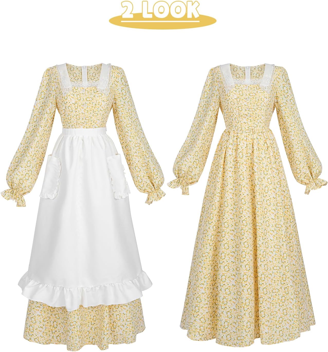 NSPSTT Prairie Dress Women Pioneer Colonial Costume Floral Dresses 3pcs Set