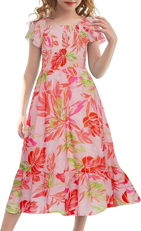 GRACE KARIN Girls Floral Dress Flutter Sleeve Square Neck Tiered Midi Dress Smocked Flared A-line Dress 5-14Y