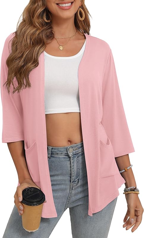 Women's 3/4 Sleeve Open Front Cardigan Casual Loose Lightweight Cardigans with Pockets