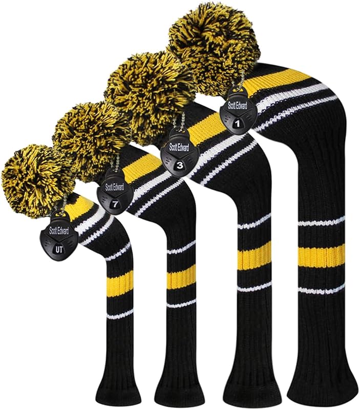 Scott Edward Golf Club Head Covers Set of 4, Acrylic Yarn Double-Layers Knitted, with Rotatable Number Tags