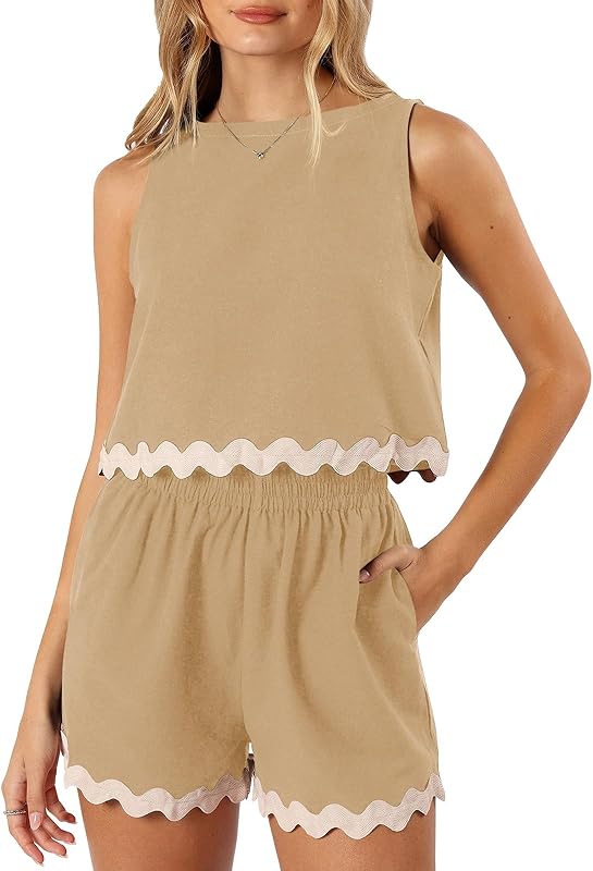 Tankaneo Womens 2 Piece Vacation Outfits Lounge Sets Casual Cropped Tank Tops Shorts Matching Set
