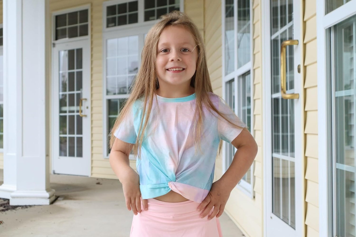 Arshiner Girls T-Shirts Twist Front Kids Summer Printed Round Neck Short Sleeve Tops Casual Fashion Tee Shirt for Girls 5-12 Years