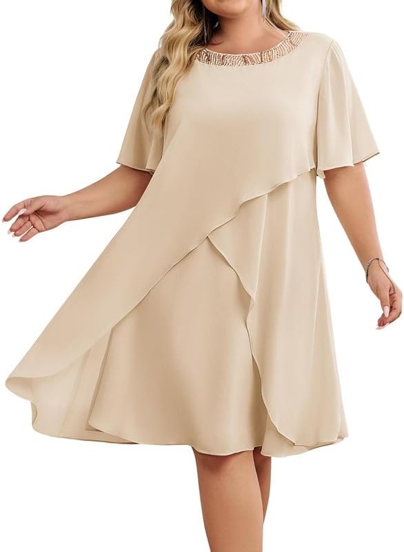 Hanna Nikole Plus Size Mother of The Bride Outfits Chiffon Wedding Guest Dress Cotail Dresses Evening Dress Festival Outfit Elegant Sequin Round Neck Formal Dresses
