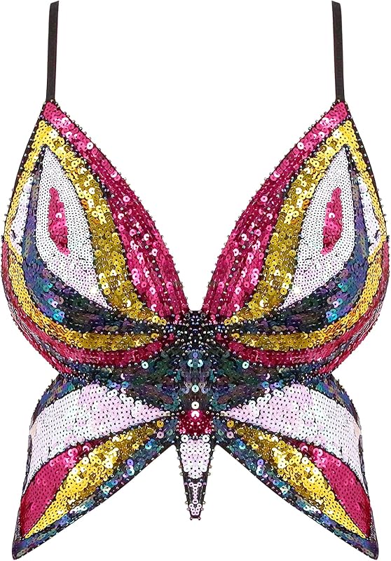Mocure Womens Glitter Sequin Butterfly Crop Top Low-Cut Tank Top Rave Tube Vest Top for Belly Dance Costume Outfits