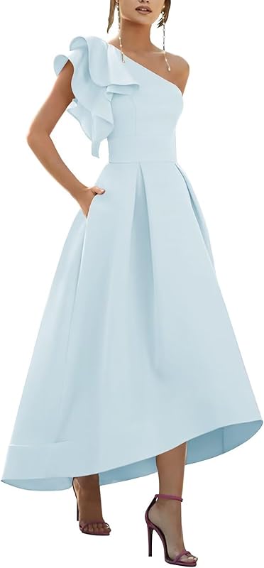 One Shoulder Satin Mother of Bride Dresses 2025 High-Low Ruffle Formal Evening Party Gowns