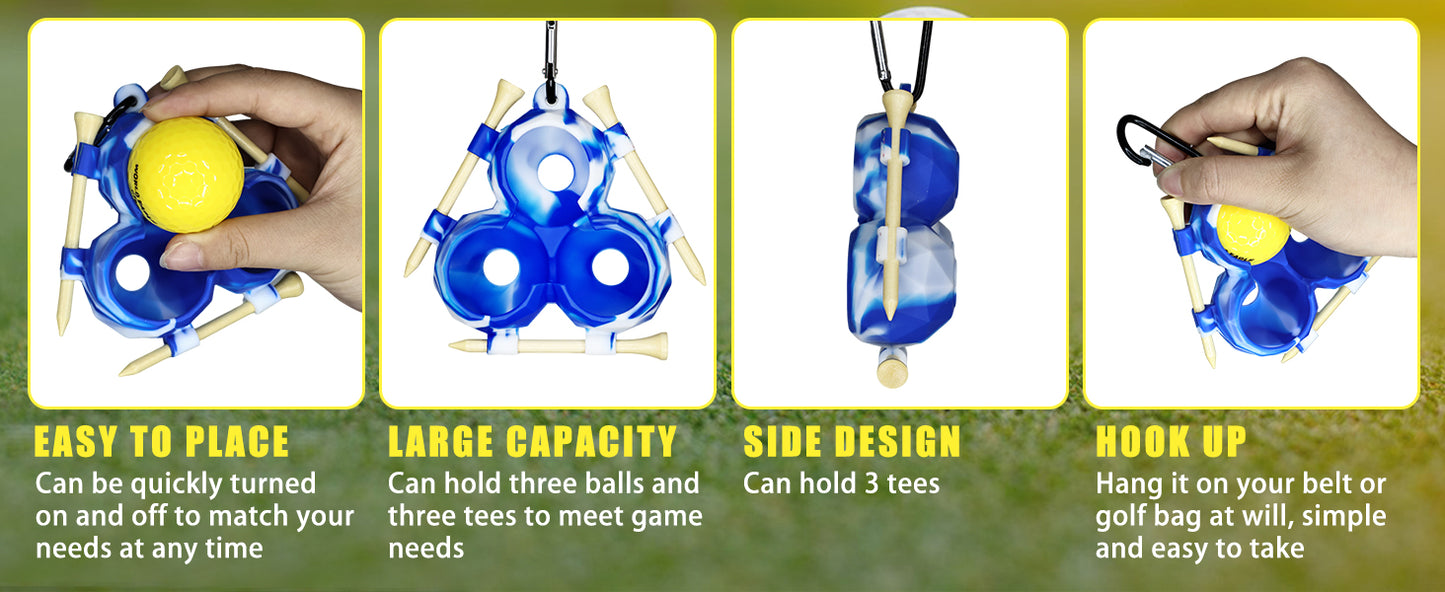 Golf Ball Tee Holder, Soft Silicone Golf Tee Rack for 3 Balls and 3 Tees, Golf Ball Holder with Clip for Bags, Essential Golf Ball Bag for Players