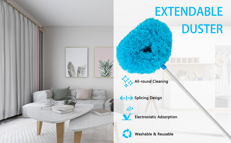 Ceiling Fan Cleaner Duster Reusable Microfiber Ceiling Fan Blade Cleaner Removable Duster with Extension Pole Adjusts 13 to 49.7 Inch for Cleaning Walls Bookshelves Furniture Door Window Top (Blue)