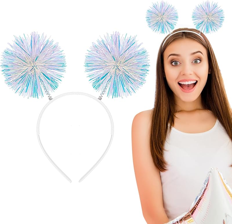Foil Strips Pom Pom Headband Tinsel Fashion Headband Fluffy Ball Hair Loop Cosplay Hair Accessory for Women Girl Party