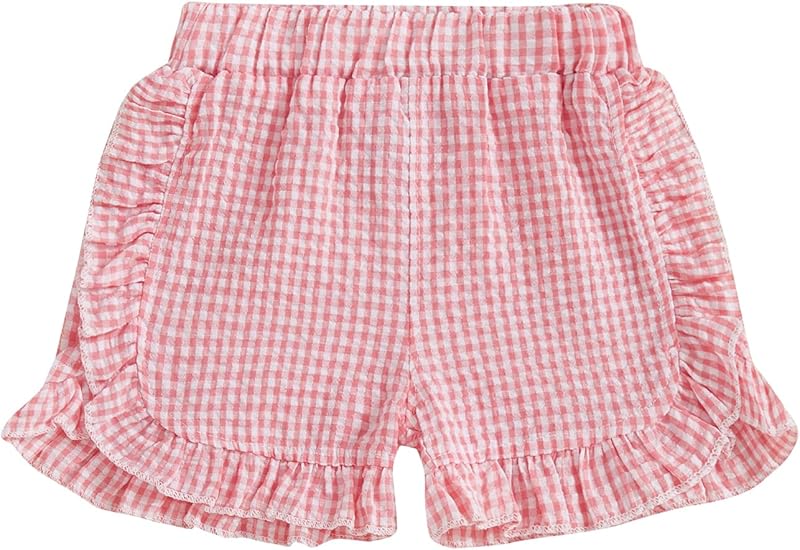 Karuedoo Toddler Baby Girl Shorts Casual Summer Gingham Plaid/Seersucker Elastic Waist Ruffle Hem Shorts Bottoms