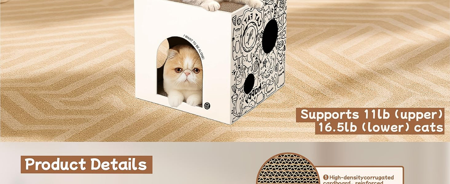 Dual-Level Cat Scratcher & Cozy Cat Cave House - Space-Saving Durable Corrugated Fiberboard for Indoor Cats, Furniture Protector with Adventure-Ready Design Cardboard Cat House
