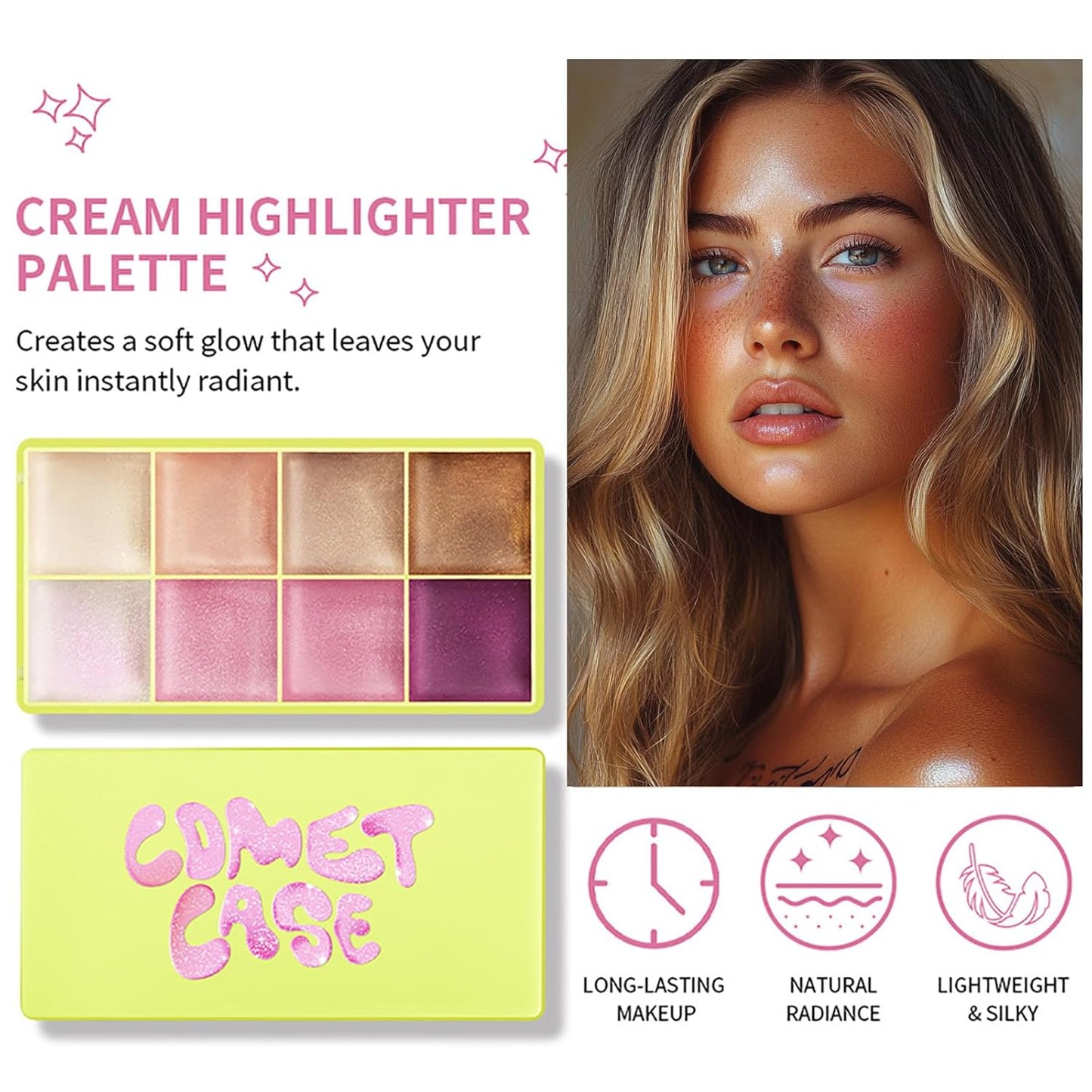 Highlighter Curve Comet Case, 8 Colors Cream Highlighter Shimmer Glow Silver Gold Blossom Glowy Finish Makeup Palette