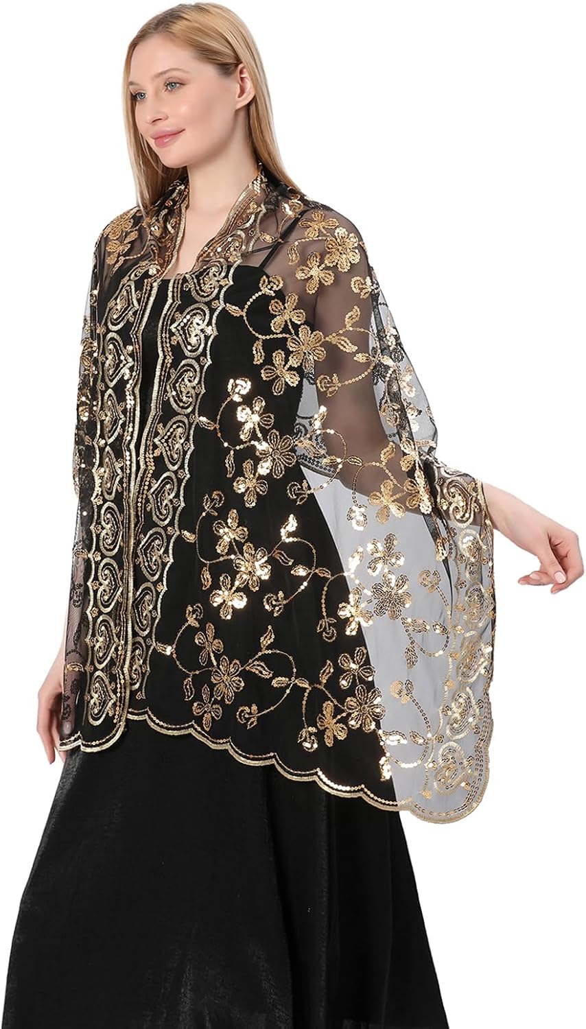 Shawls and Wraps for Evening Dresses,Women Formal 1920s Sequin Flower Sheer Shawls and Wraps for Wedding-
