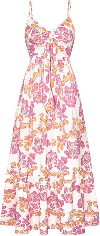 GRACE KARIN Women's 2025 Summer Maxi Dress Floral Tie Front Spaghetti Strap Casual Boho Beach Flowy Sundress with Pockets