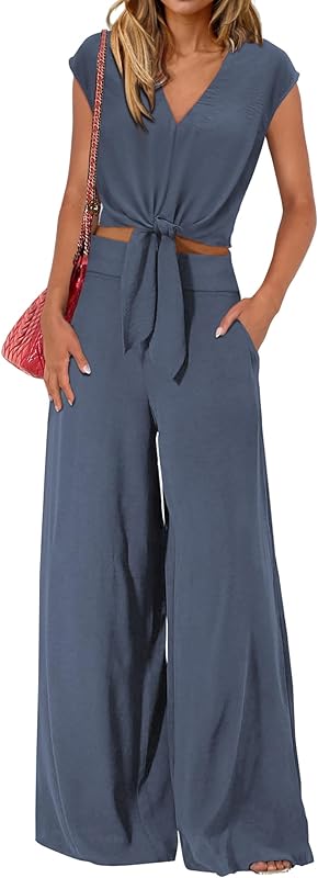 PRETTYGARDEN Women's Summer 2 Piece Outfits 2025 Cap Sleeve V Neck Belted Crop Tops Wide Leg Pant Sets Casual Tracksuit