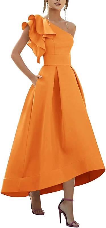 One Shoulder Satin Mother of Bride Dresses 2025 High-Low Ruffle Formal Evening Party Gowns