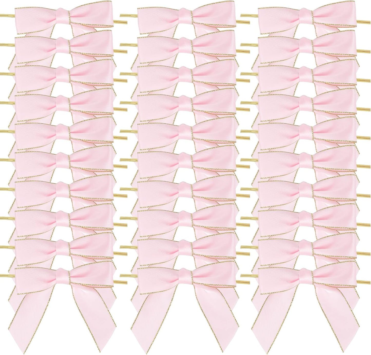 AIMUDI Pink Bows 3.5" Premade Satin Ribbon Bows with Gold Edge Pre-Tied Twist Tie Bows for Gift Wrapping Crafts Treat Bags Baby Shower Wedding Party Decorations, 50 Counts