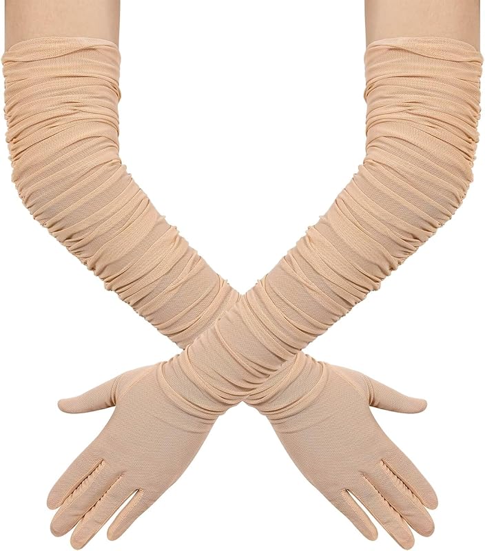Hazhlko Women's Super Long Stretchy Ruched Mesh Tulle Sheer Gloves Costume Opera Party 1920's Dance Gloves