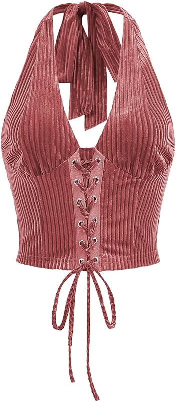 Verdusa Women's Going Out Halter Corset Tops Sleeveless Lace Up Open Back Crop Top