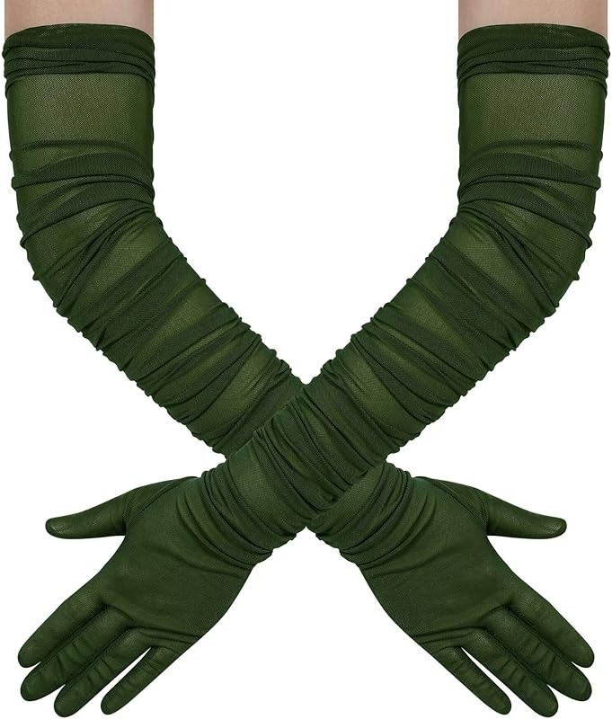 Hazhlko Women's Super Long Stretchy Ruched Mesh Tulle Sheer Gloves Costume Opera Party 1920's Dance Gloves