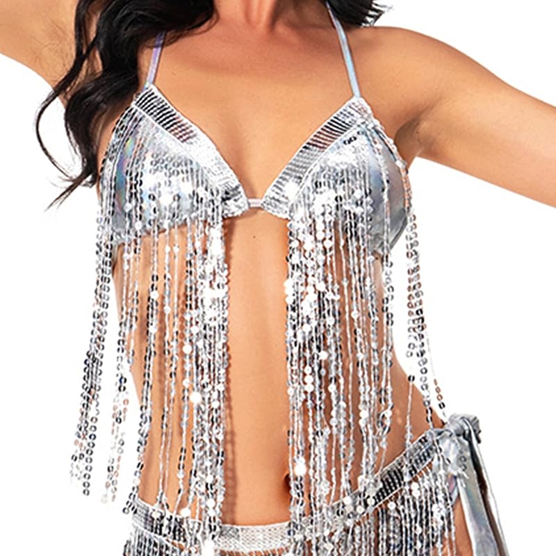 Wuchieal Women's Belly Dance Costume Sequin Bra Tassel Top with Chest Party Club Wear Bra Top