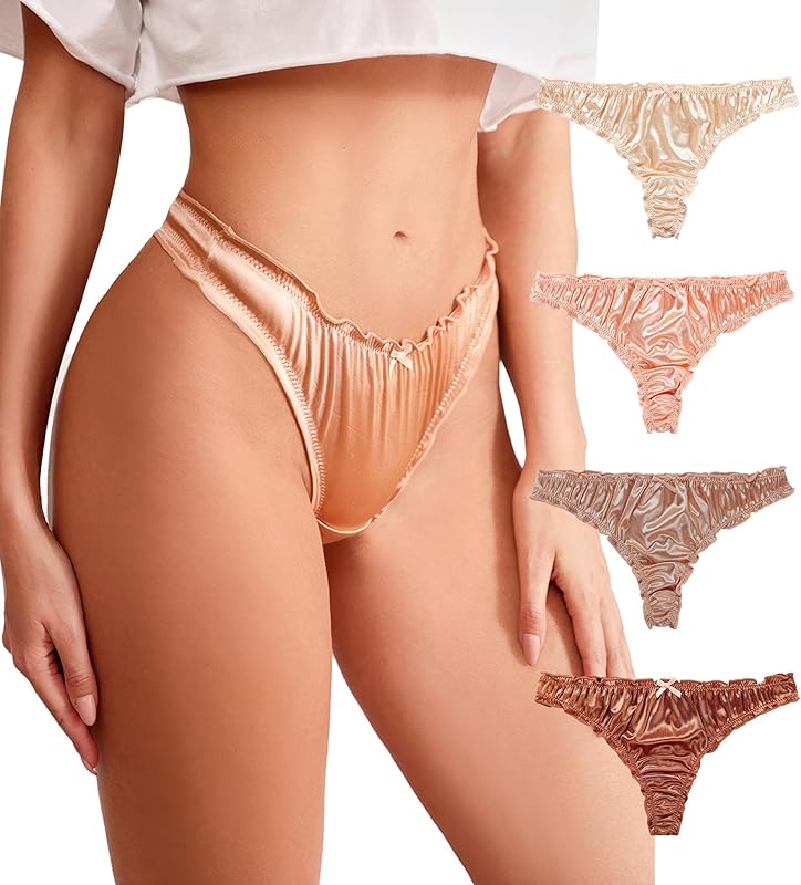 Women's Satin Thongs Silk Feeling Bikini Briefs Underwear Ruched G-String Thong Panties Smooth Panties 4 Pack