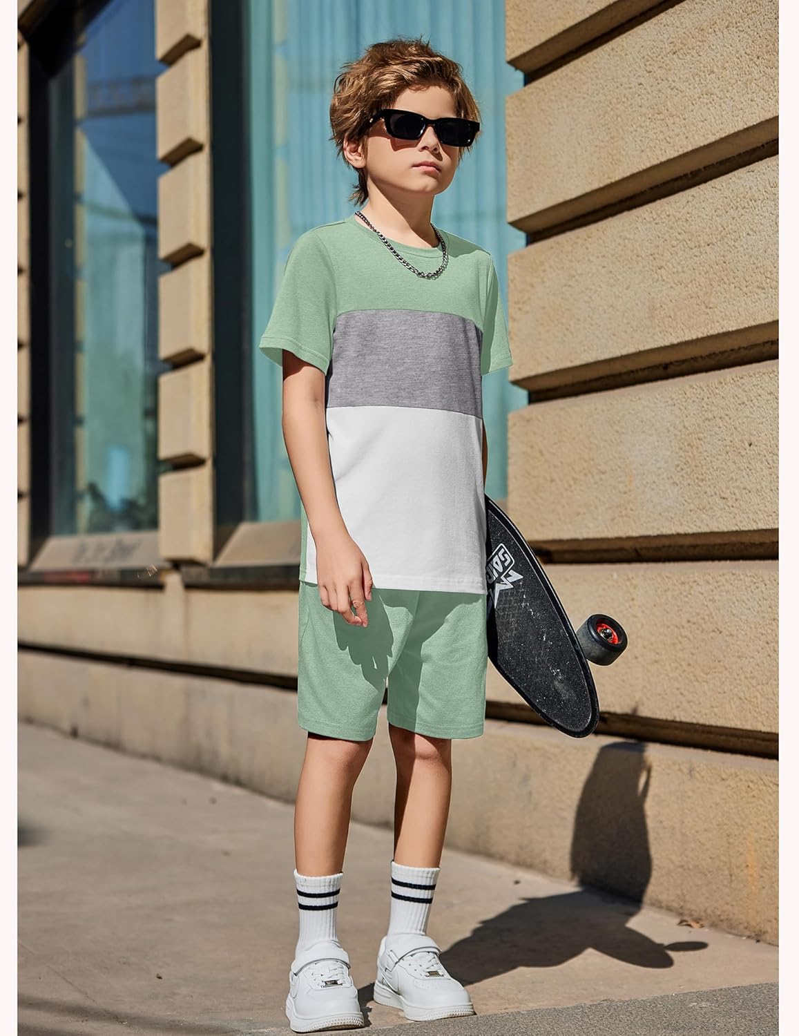 Arshiner Boys' 2-Piece Cotton Outfit Color Block T-Shirt and Shorts Set Casual Summer Clothes for Kids 6-14 Years
