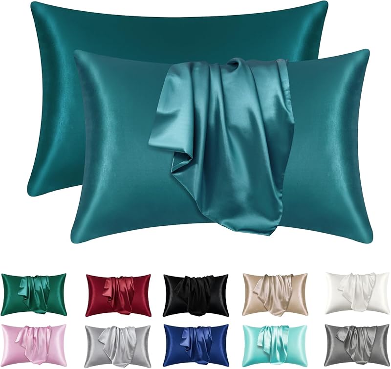Satin Silk Pillowcases for Skin and Hair,Set of 2 Satin Pillow Cases for Women with Envelope Closure,Soft Breathable Smooth Cooling Silk Pillow Covers for Gifts,Solid Black,Queen (20" x 30")