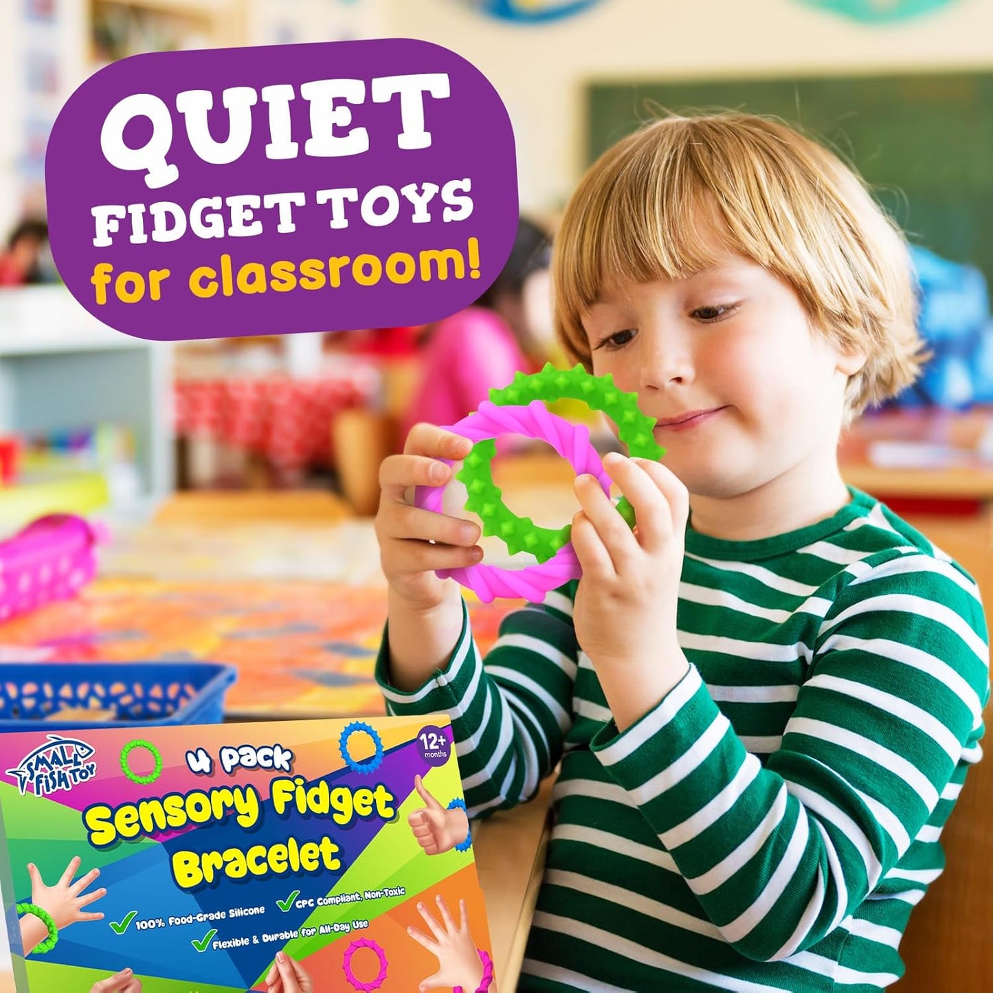 Sensory Fidget Toys Kids Toddlers - 4 Pack Chew Sensory Rubber Bracelet | Calming Autism Quiet Fidgets & Texture Anxiety Silent Toys for Classroom Prizes | Gifts Christmas Stocking Stuffers for Kids