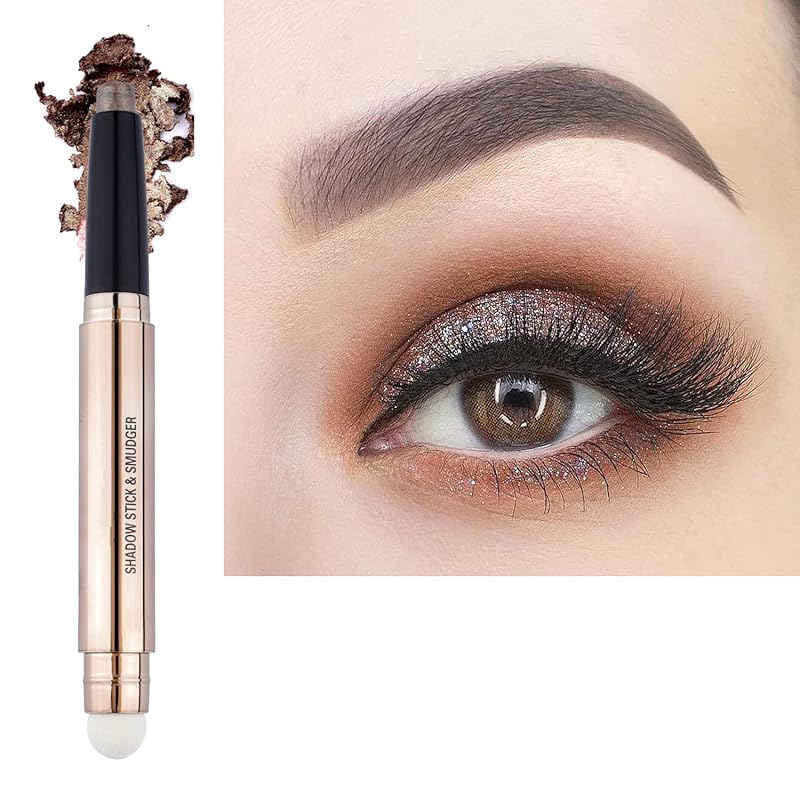 2 in 1 eyeshadow stick and Sponge Makeup Brush, Smooth Cream Shimmer Shadow Pencil Long Lasting Waterproof Eye Shadow Highlighter Stick Makeup , Hypoallergenic Highlighter Multi-Dimensional eyes Look