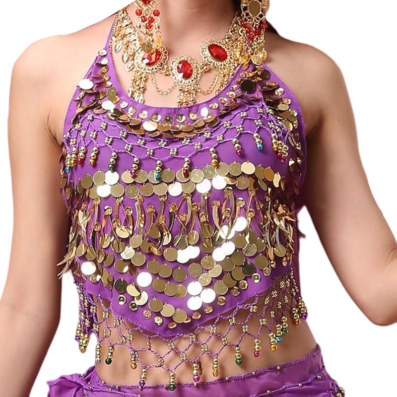 Women's Halter Neck Bra for Belly Dance, Backless Padded Camisole Halter Crop, Sequins Belly Dance Crop Top