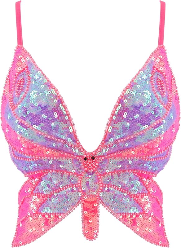 Mocure Womens Glitter Sequin Butterfly Crop Top Low-Cut Tank Top Rave Tube Vest Top for Belly Dance Costume Outfits