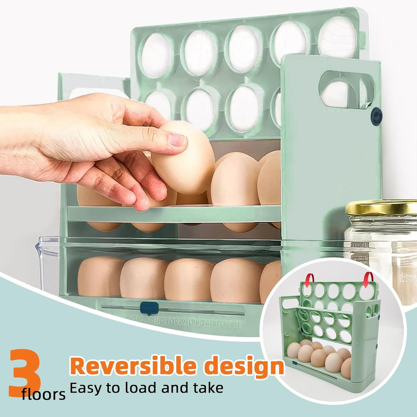 Egg Holder for Refrigerator, 30 Grid Egg Tray 3 Layer Organizer Bins Reusable Egg Container for Refrigerator Side Door Plastic