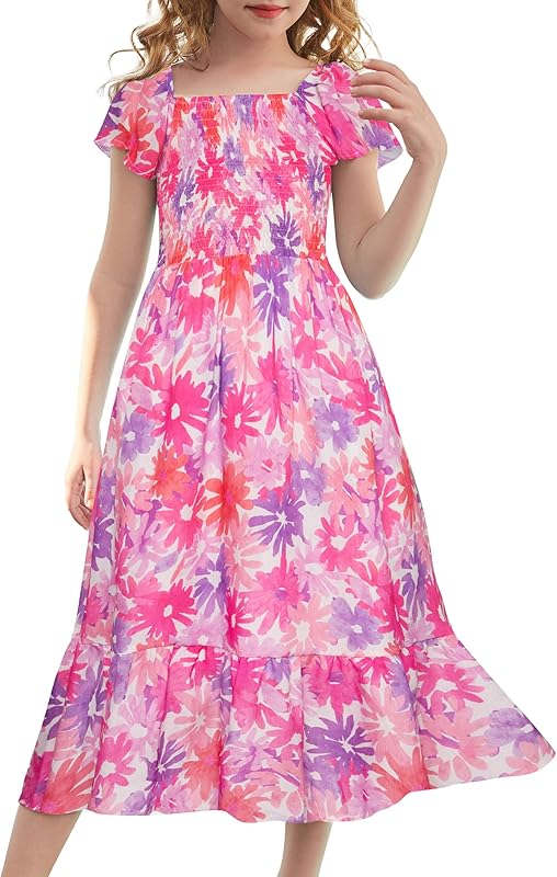 GRACE KARIN Girls Floral Dress Flutter Sleeve Square Neck Tiered Midi Dress Smocked Flared A-line Dress 5-14Y
