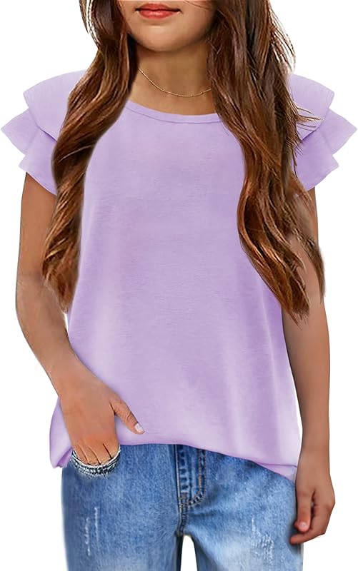 Girls T Shirts Ruffle Short Sleeve Round Neck Loose Blouse Summer Solid Color Casual Girl Tee Tops for 3-12 Years