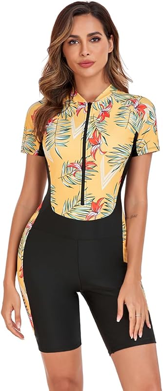 Rashguard Swimsuit for Women Short Sleeve One Piece Swimwear Sun Protection Surfing Bathing Suit Wetsuit UPF 50+