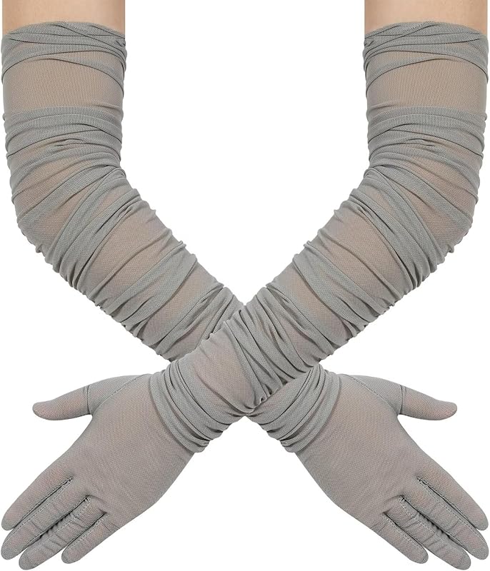 Hazhlko Women's Super Long Stretchy Ruched Mesh Tulle Sheer Gloves Costume Opera Party 1920's Dance Gloves