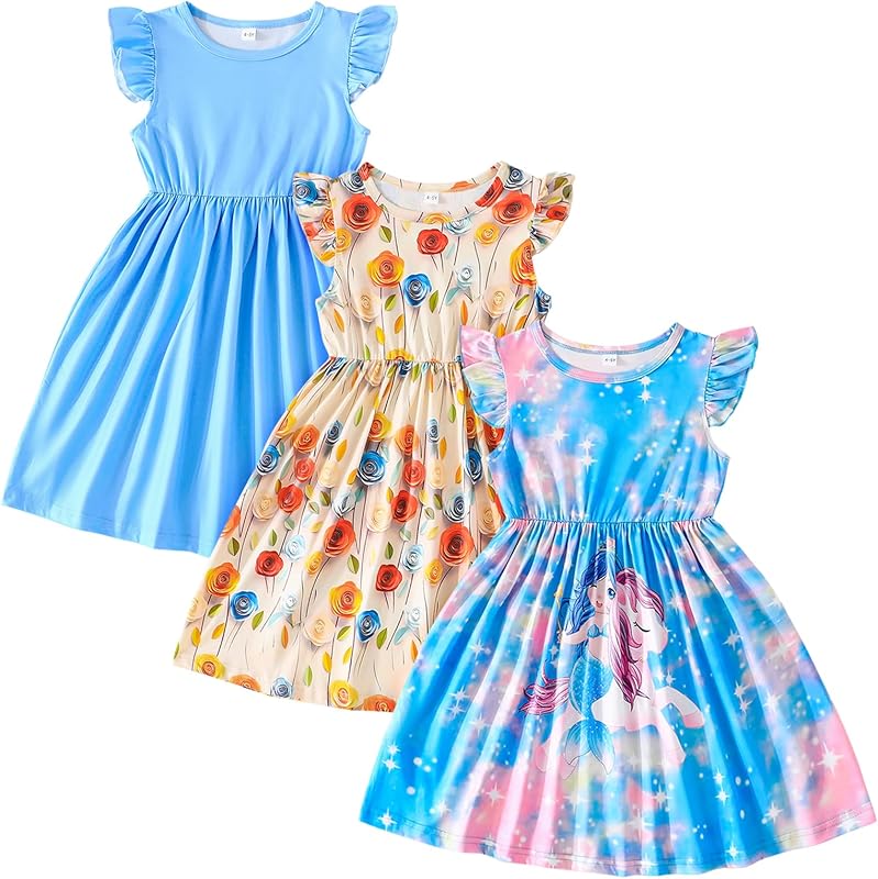 Toddler Little Girls Casual Dresses Short Sleeve Crew Neck Graphic Cartoon Dress for 2-8 Years