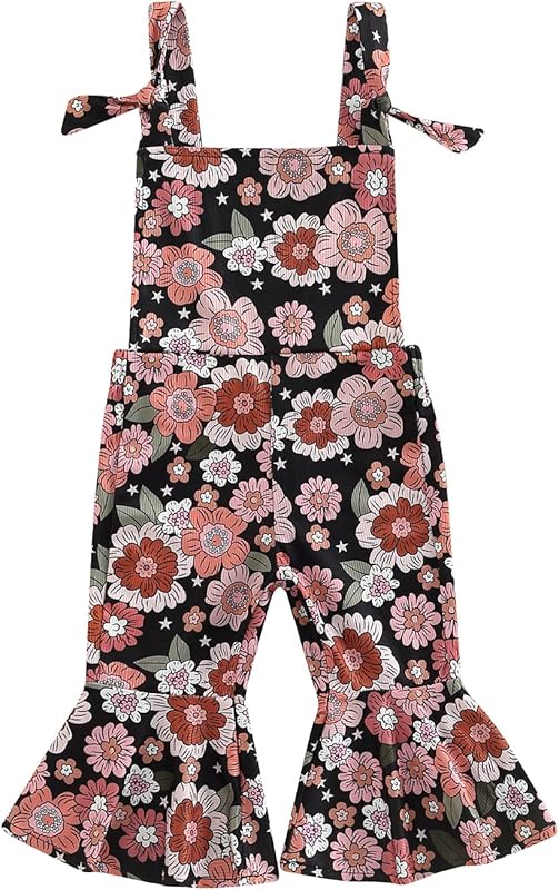 Emmababy Baby Girl Bell Bottoms Romper Toddler Floral Overalls Suspender Flare Pants Sleeveless Strap Jumpsuit Fall Clothes