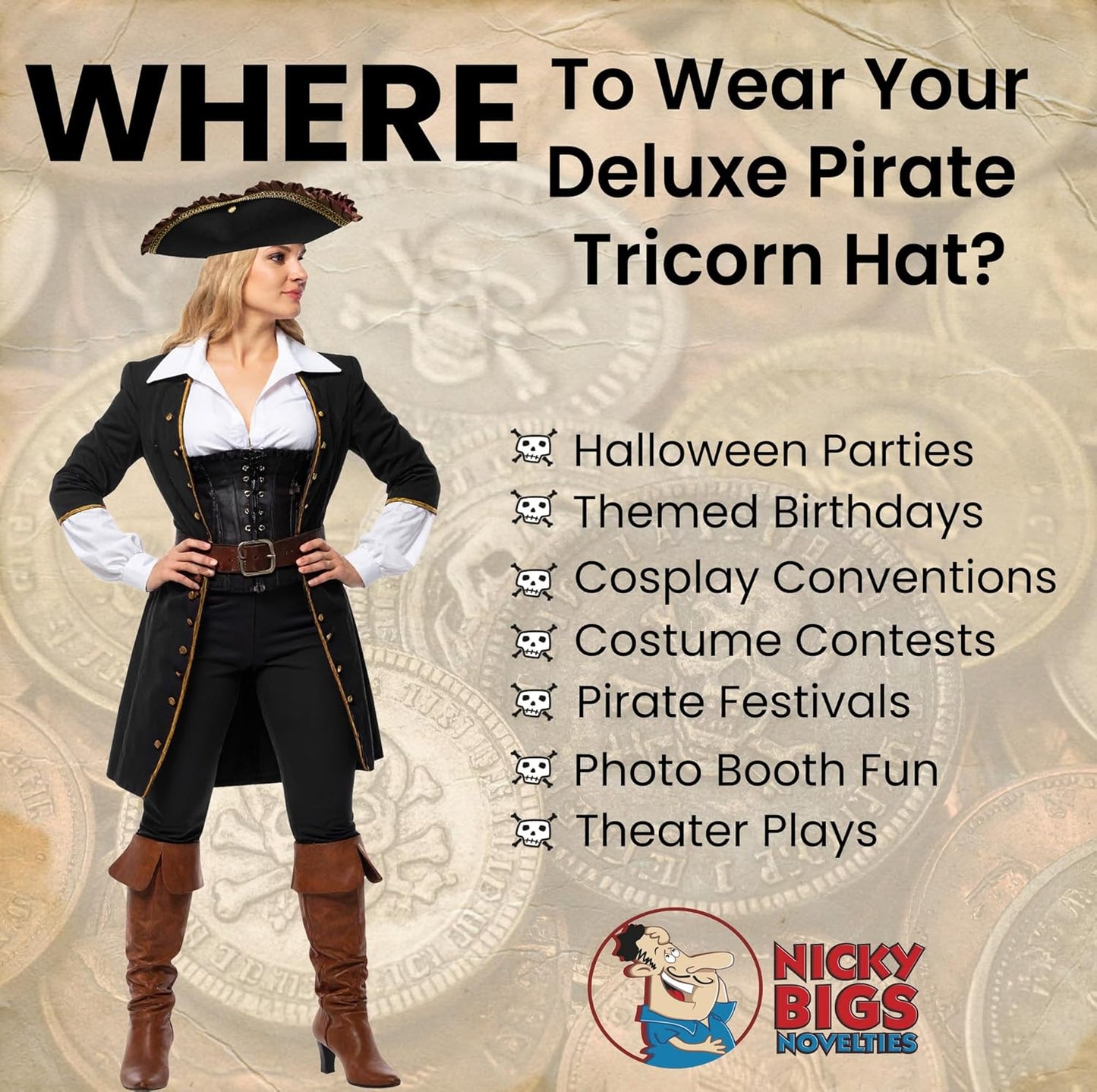Nicky Bigs Novelties Adult Deluxe Black Tricorn Tricorner Pirate Hat Buccaneers Cap Costume Accessory