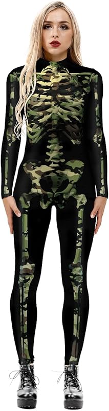 JJEUWE Women's Skeleton Halloween Bodysuit Costume Stretch Skinny Catsuit Jumpsuit