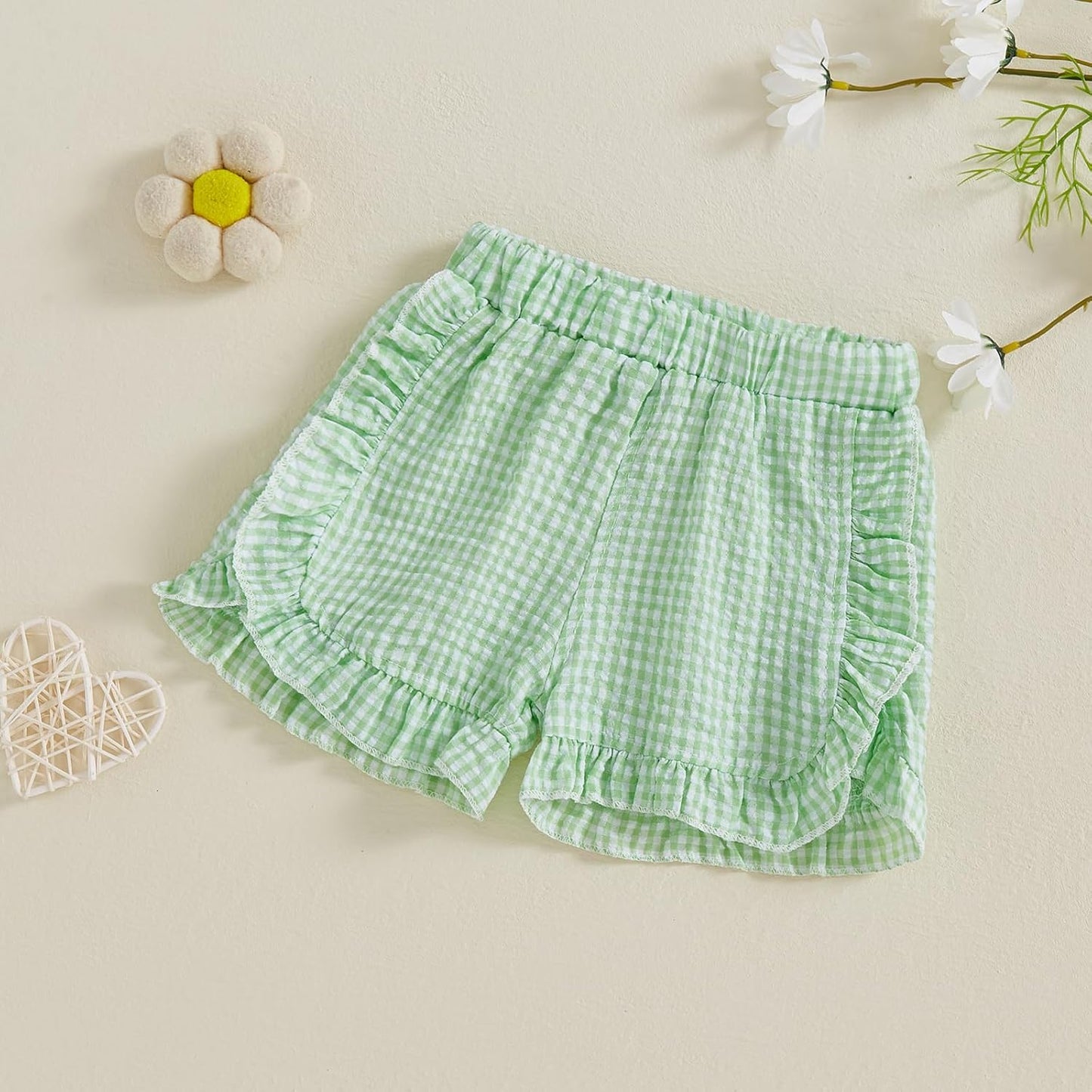 Karuedoo Toddler Baby Girl Shorts Casual Summer Gingham Plaid/Seersucker Elastic Waist Ruffle Hem Shorts Bottoms